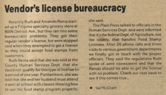 Plain Press article: Vendor's license bureaucracy — Ruth and Amando Rama's struggle to get their food stamp vendor's license
